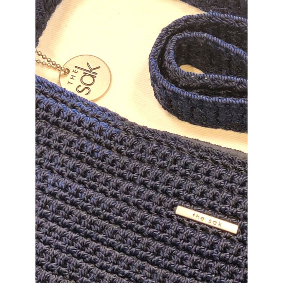 THE SAK Crocheted Shoulder Purse Handbag Small Rectangle Bag Boho Navy, Zipper‎ - Picture 6 of 9